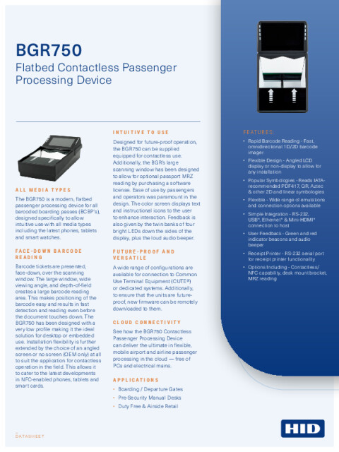 BGR750 Flatbed Contactless Passenger Processing Device Datasheet