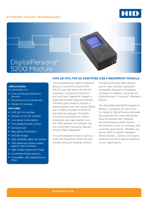 DigitalPersona 5200 Module Datasheet