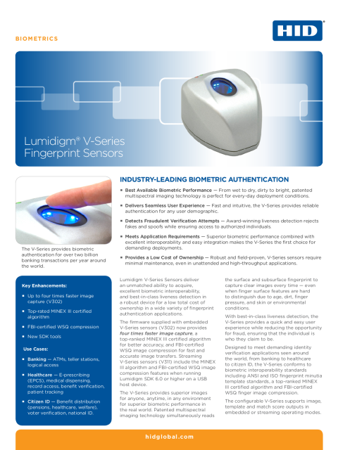 Lumidigm V-series Fingerprint Sensors Datasheet