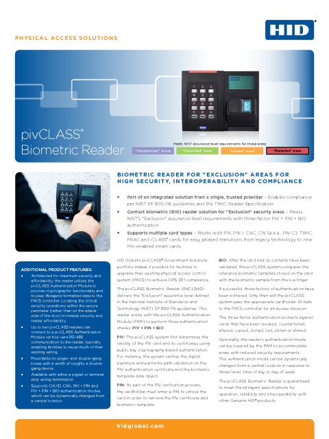 pivCLASS Biometric Reader Datasheet  